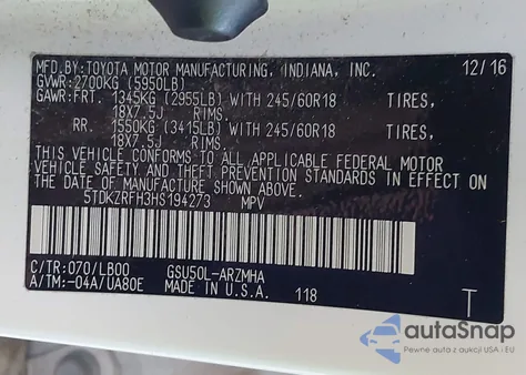 2017 Toyota Highlander Xle из США, поврежденный, VIN 5TDKZRFH3HS194273